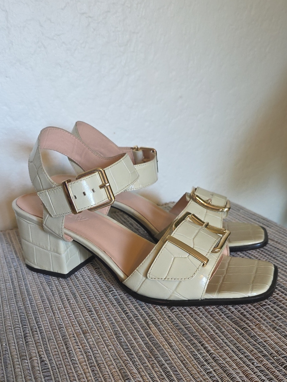 J. Crew Cream Croc-Embossed Block Heel Sandals with Gold Buckles